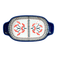 A picture of a Polish Pottery Zaklady 5.5" x 10" Small Baker With Handles (Scarlet Stitch) | Y1281A-A1158A as shown at PolishPotteryOutlet.com/products/small-baker-with-handles-scarlet-stitch-y1281a-a1158a