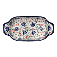 A picture of a Polish Pottery Zaklady 5.5" x 10" Small Baker With Handles (Swirling Flowers) | Y1281A-A1197A as shown at PolishPotteryOutlet.com/products/baker-w-handles-swirling-flowers-y1281a-a1197a