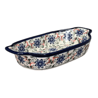 A picture of a Polish Pottery Zaklady 5.5" x 10" Small Baker With Handles (Swirling Flowers) | Y1281A-A1197A as shown at PolishPotteryOutlet.com/products/baker-w-handles-swirling-flowers-y1281a-a1197a