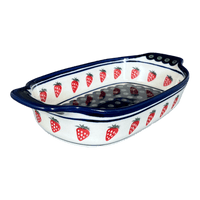 A picture of a Polish Pottery 5.5" x 10" Small Baker With Handles (Strawberry Dot) | Y1281A-A310A as shown at PolishPotteryOutlet.com/products/baker-w-handles-strawberry-peacock-y1281a-a310a