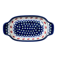 A picture of a Polish Pottery Zaklady 5.5" x 10" Small Baker With Handles (Strawberry Dot) | Y1281A-A310A as shown at PolishPotteryOutlet.com/products/baker-w-handles-strawberry-peacock-y1281a-a310a
