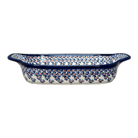 A picture of a Polish Pottery Baker, Handles, 5.5" x 10" Small in "Falling Blue Daisies" by Zaklady | Y1281A-A882A as shown at PolishPotteryOutlet.com/products/5-5-x-10-small-baker-with-handles-falling-blue-daisies-y1281a-a882a