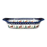 A picture of a Polish Pottery Zaklady 5.5" x 10" Small Baker With Handles (Evergreen Moose) | Y1281A-A992A as shown at PolishPotteryOutlet.com/products/5-5-x-10-small-baker-with-handles-evergreen-moose-y1281a-a992a