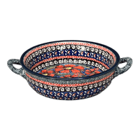A picture of a Polish Pottery Small Round Casserole W/Handles (Exotic Reds) | Y1454A-ART150 as shown at PolishPotteryOutlet.com/products/stew-dish-exotic-reds-y1454a-art150