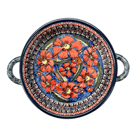 A picture of a Polish Pottery Zaklady Small Round Casserole W/Handles (Exotic Reds) | Y1454A-ART150 as shown at PolishPotteryOutlet.com/products/stew-dish-exotic-reds-y1454a-art150