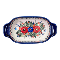 A picture of a Polish Pottery Zaklady 5.5" x 10" Small Baker With Handles (Butterfly Bouquet) | Y1281A-ART149 as shown at PolishPotteryOutlet.com/products/baker-w-handles-butterfly-bouquet-y1281a-art149