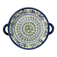 A picture of a Polish Pottery Zaklady Small Round Casserole W/Handles (Blue Tulips) | Y1454A-ART160 as shown at PolishPotteryOutlet.com/products/stew-dish-blue-tulips-y1454a-art160