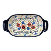 A picture of a Polish Pottery Zaklady 5.5" x 10" Small Baker With Handles (Circling Bluebirds) | Y1281A-ART214 as shown at PolishPotteryOutlet.com/products/baker-w-handles-circling-bluebirds-y1281a-art214