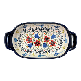 Polish Pottery Zaklady 5.5" x 10" Small Baker With Handles (Circling Bluebirds) | Y1281A-ART214 Additional Image at PolishPotteryOutlet.com