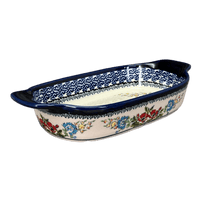 A picture of a Polish Pottery Zaklady 5.5" x 10" Small Baker With Handles (Floral Crescent) | Y1281A-ART237 as shown at PolishPotteryOutlet.com/products/baker-w-handles-fields-of-flowers-y1281a-art237