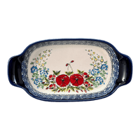 A picture of a Polish Pottery Zaklady 5.5" x 10" Small Baker With Handles (Floral Crescent) | Y1281A-ART237 as shown at PolishPotteryOutlet.com/products/baker-w-handles-fields-of-flowers-y1281a-art237