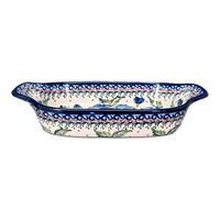 A picture of a Polish Pottery Zaklady 5.5" x 10" Small Baker With Handles (Pansies in Bloom) | Y1281A-ART277 as shown at PolishPotteryOutlet.com/products/baker-w-handles-pansies-in-bloom-y1281a-art277