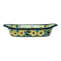 A picture of a Polish Pottery Zaklady 5.5" x 10" Small Baker With Handles (Sunny Meadow) | Y1281A-ART332 as shown at PolishPotteryOutlet.com/products/5-5-x-10-small-baker-with-handles-sunny-meadow-y1281a-art332