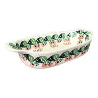 A picture of a Polish Pottery Zaklady 5.5" x 10" Small Baker With Handles (Raspberry Delight) | Y1281A-D1170 as shown at PolishPotteryOutlet.com/products/5-5-x-10-small-baker-with-handles-raspberry-delight-y1281a-d1170