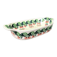 A picture of a Polish Pottery Baker, Handles, 5.5" x 10" Small in "Raspberry Delight" by Zaklady | Y1281A-D1170 as shown at PolishPotteryOutlet.com/products/5-5-x-10-small-baker-with-handles-raspberry-delight-y1281a-d1170