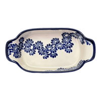 A picture of a Polish Pottery Zaklady 5.5" x 10" Small Baker With Handles (Blue Floral Vines) | Y1281A-D1210A as shown at PolishPotteryOutlet.com/products/baker-w-handles-blue-floral-vines-y1281a-d1210a