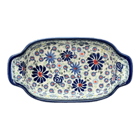 A picture of a Polish Pottery Zaklady 5.5" x 10" Small Baker With Handles (Floral Explosion) | Y1281A-DU126 as shown at PolishPotteryOutlet.com/products/5-5-x-10-small-baker-with-handles-du126-y1281a-du126