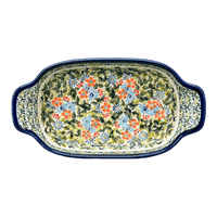 A picture of a Polish Pottery Zaklady 5.5" x 10" Small Baker With Handles (Floral Swallows) | Y1281A-DU182 as shown at PolishPotteryOutlet.com/products/5-5-x-10-small-baker-with-handles-du182-y1281a-du182