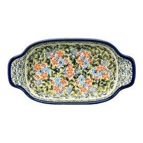 Polish Pottery Zaklady 5.5" x 10" Small Baker With Handles (Floral Swallows) | Y1281A-DU182 Additional Image at PolishPotteryOutlet.com
