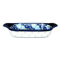 A picture of a Polish Pottery Baker, Handles, 5.5" x 10" Small in "Garden Party Blues" by Zaklady | Y1281A-DU50 as shown at PolishPotteryOutlet.com/products/baker-w-handles-garden-party-blues-y1281a-du50