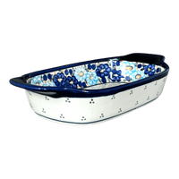 A picture of a Polish Pottery Zaklady 5.5" x 10" Small Baker With Handles (Garden Party Blues) | Y1281A-DU50 as shown at PolishPotteryOutlet.com/products/baker-w-handles-garden-party-blues-y1281a-du50