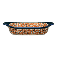 A picture of a Polish Pottery Zaklady 5.5" x 10" Small Baker With Handles (Orange Wreath) | Y1281A-DU52 as shown at PolishPotteryOutlet.com/products/5-5-x-10-small-baker-with-handles-du52-y1281a-du52