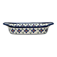 A picture of a Polish Pottery Zaklady 5.5" x 10" Small Baker With Handles (Emerald Mosaic) | Y1281A-DU60 as shown at PolishPotteryOutlet.com/products/5-5-x-10-small-baker-with-handles-emerald-mosaic-y1281a-du60