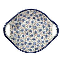 A picture of a Polish Pottery Zaklady 13.25" Bowl w/ Handles (Swirling Flowers) | Y1347A-A1197A as shown at PolishPotteryOutlet.com/products/large-bowl-w-handles-swirling-flowers-y1347a-a1197a