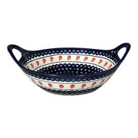 A picture of a Polish Pottery Bowl, Round, Handles, 13.25" in "Strawberry Dot" by Zaklady | Y1347A-A310A as shown at PolishPotteryOutlet.com/products/bowl-w-handles-strawberry-peacock-y1347a-a310a