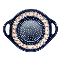 A picture of a Polish Pottery Zaklady 13.25" Bowl w/ Handles (Strawberry Dot) | Y1347A-A310A as shown at PolishPotteryOutlet.com/products/bowl-w-handles-strawberry-peacock-y1347a-a310a