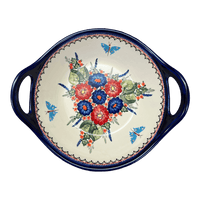 A picture of a Polish Pottery Zaklady 13.25" Bowl w/ Handles (Butterfly Bouquet) | Y1347A-ART149 as shown at PolishPotteryOutlet.com/products/bowl-w-handles-butterfly-bouquet-y1347a-art149
