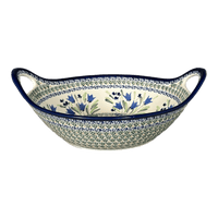 A picture of a Polish Pottery Zaklady 13.25" Bowl w/ Handles (Blue Tulips) | Y1347A-ART160 as shown at PolishPotteryOutlet.com/products/bowl-w-handles-blue-tulips-y1347a-art160