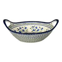 A picture of a Polish Pottery Bowl, Round, Handles, 13.25" in "Blue Tulips" by Zaklady | Y1347A-ART160 as shown at PolishPotteryOutlet.com/products/bowl-w-handles-blue-tulips-y1347a-art160