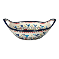 A picture of a Polish Pottery Zaklady 13.25" Bowl w/ Handles (Circling Bluebirds) | Y1347A-ART214 as shown at PolishPotteryOutlet.com/products/bowl-w-handles-circling-bluebirds-y1347a-art214