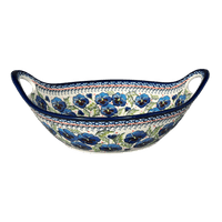 A picture of a Polish Pottery Zaklady 13.25" Bowl w/ Handles (Pansies in Bloom) | Y1347A-ART277 as shown at PolishPotteryOutlet.com/products/bowl-w-handles-pansies-in-bloom-y1347a-art277