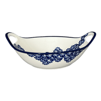 A picture of a Polish Pottery Zaklady 13.25" Bowl w/ Handles (Blue Floral Vines) | Y1347A-D1210A as shown at PolishPotteryOutlet.com/products/13-25-bowl-w-handles-blue-floral-vines-y1347a-d1210a