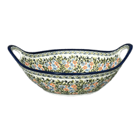 A picture of a Polish Pottery Bowl, Round, Handles, 13.25" in "Floral Swallows" by Zaklady | Y1347A-DU182 as shown at PolishPotteryOutlet.com/products/13-25-bowl-w-handles-floral-swallows-y1347a-du182