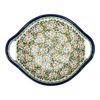 A picture of a Polish Pottery Bowl, Round, Handles, 13.25" in "Floral Swallows" by Zaklady | Y1347A-DU182 as shown at PolishPotteryOutlet.com/products/13-25-bowl-w-handles-floral-swallows-y1347a-du182