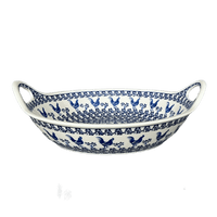 A picture of a Polish Pottery Zaklady 15" Bowl With Handles (Rooster Blues) | Y1348A-D1149 as shown at PolishPotteryOutlet.com/products/15-bowl-with-handles-rooster-blues-y1348a-d1149