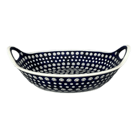 A picture of a Polish Pottery Zaklady 15" Bowl With Handles (Peacock Burst) | Y1348A-D487 as shown at PolishPotteryOutlet.com/products/15-bowl-with-handles-peacock-burst-y1348a-d487