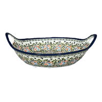 A picture of a Polish Pottery Zaklady 15" Bowl With Handles (Floral Swallows) | Y1348A-DU182 as shown at PolishPotteryOutlet.com/products/15-bowl-with-handles-floral-swallows-y1348a-du182