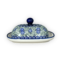 A picture of a Polish Pottery Large Zaklady Butter Dish (Circling Bluebirds) | Y1394-ART214 as shown at PolishPotteryOutlet.com/products/large-zaklady-butter-dish-circling-bluebirds-y1394-art214