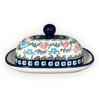 A picture of a Polish Pottery Large Zaklady Butter Dish (Climbing Aster) | Y1394-A1145A as shown at PolishPotteryOutlet.com/products/large-zaklady-butter-dish-climbing-aster-y1394-a1145a