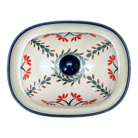 A picture of a Polish Pottery Butter Dish, Large, 6" x 8" in "Scarlet Stitch" by Zaklady | Y1394-A1158A as shown at PolishPotteryOutlet.com/products/6-x-8-large-butterdish-scarlet-stitch-y1394-a1158a