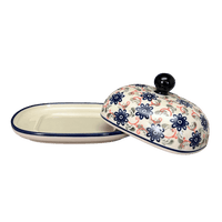 A picture of a Polish Pottery Large Zaklady Butter Dish (Swirling Flowers) | Y1394-A1197A as shown at PolishPotteryOutlet.com/products/large-zaklady-butterdish-swirling-flowers-y1394-a1197a