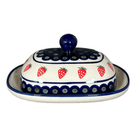 A picture of a Polish Pottery Butter Dish, Large, 6" x 8" in "Strawberry Dot" by Zaklady | Y1394-A310A as shown at PolishPotteryOutlet.com/products/large-zaklady-butterdish-strawberry-peacock-y1394-a310a