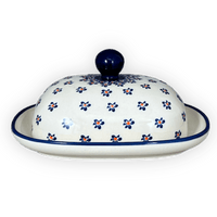 A picture of a Polish Pottery Large Zaklady Butter Dish (Falling Blue Daisies) | Y1394-A882A as shown at PolishPotteryOutlet.com/products/6-x-8-large-butterdish-falling-blue-daisies-y1394-a882a