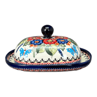 A picture of a Polish Pottery Large Zaklady Butter Dish (Butterfly Bouquet) | Y1394-ART149 as shown at PolishPotteryOutlet.com/products/large-zaklady-butter-dish-butterfly-bouquet-y1394-art149