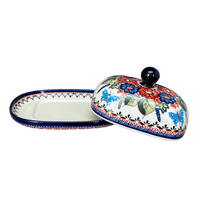 A picture of a Polish Pottery Large Zaklady Butter Dish (Butterfly Bouquet) | Y1394-ART149 as shown at PolishPotteryOutlet.com/products/large-zaklady-butter-dish-butterfly-bouquet-y1394-art149