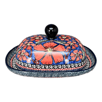 A picture of a Polish Pottery Large Zaklady Butter Dish (Exotic Reds) | Y1394-ART150 as shown at PolishPotteryOutlet.com/products/large-zaklady-butterdish-exotic-reds-y1394-art150